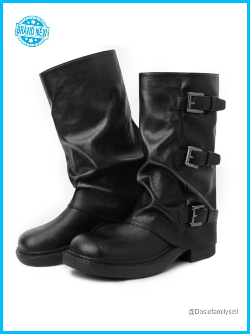 Ruched Mid Calf Boots Buckle Chunky Heel Pull On Women's